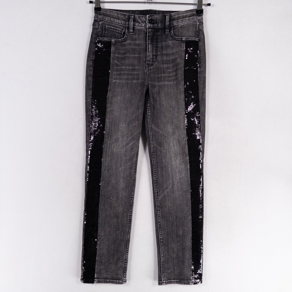 WHBM Jeans 2 Black Gray High Rise Ankle Straight Sequins 5 Pocket Stretch